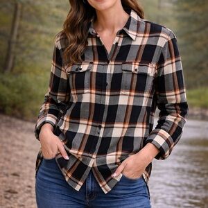Duluth 100% Cotten Plaid Button Up 2 Pocket Long Sleeve Brown/Black Checkered Md